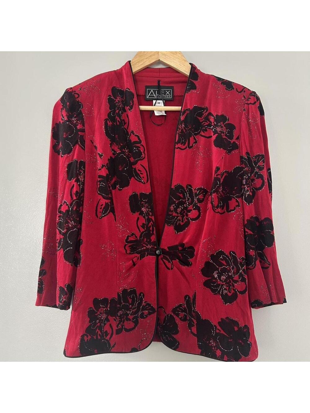 Red/black floral satin blazer with sequin details and bow tie